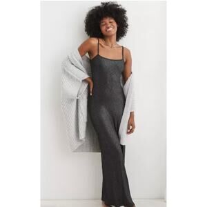 Aerie No Party Needed Maxi Dress Womens Medium Black Shimmer Slip Dress NWT